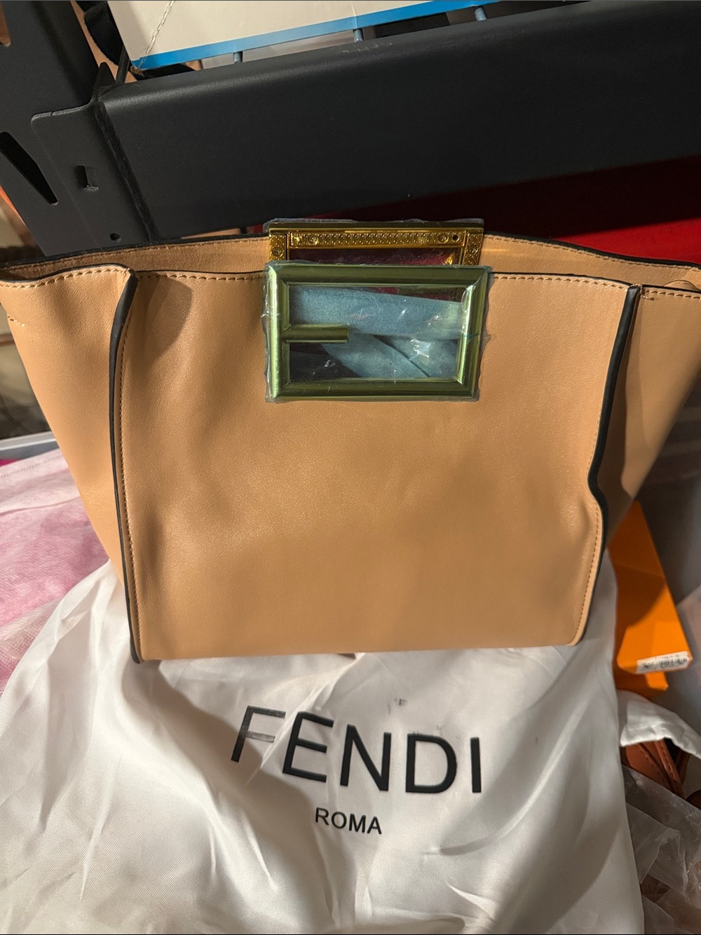 Fendi Tan Leather Shoulder Bag with Gold-Tone Accent